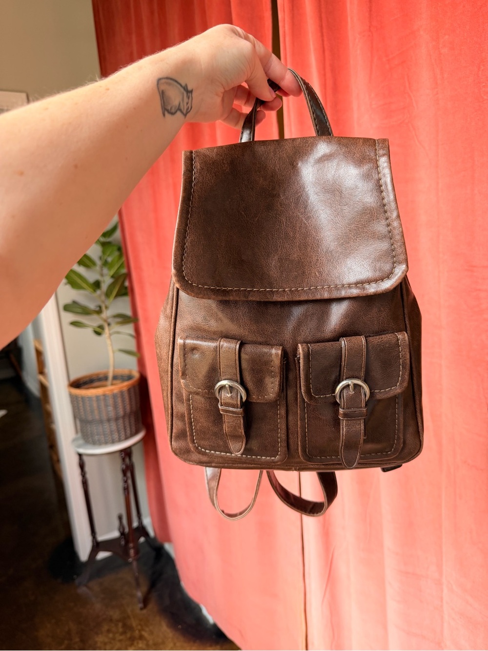 Vintage Nine West Brown Faux Leather Mini Backpack with Front Buckle Pockets